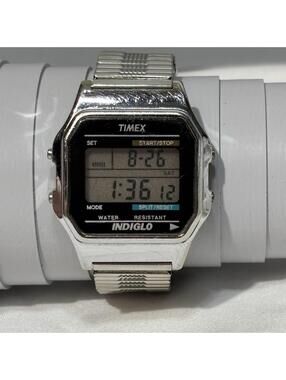Vintage Timex Indiglo Digital Watch Silver Stretch Band T739 Retro 90s Working